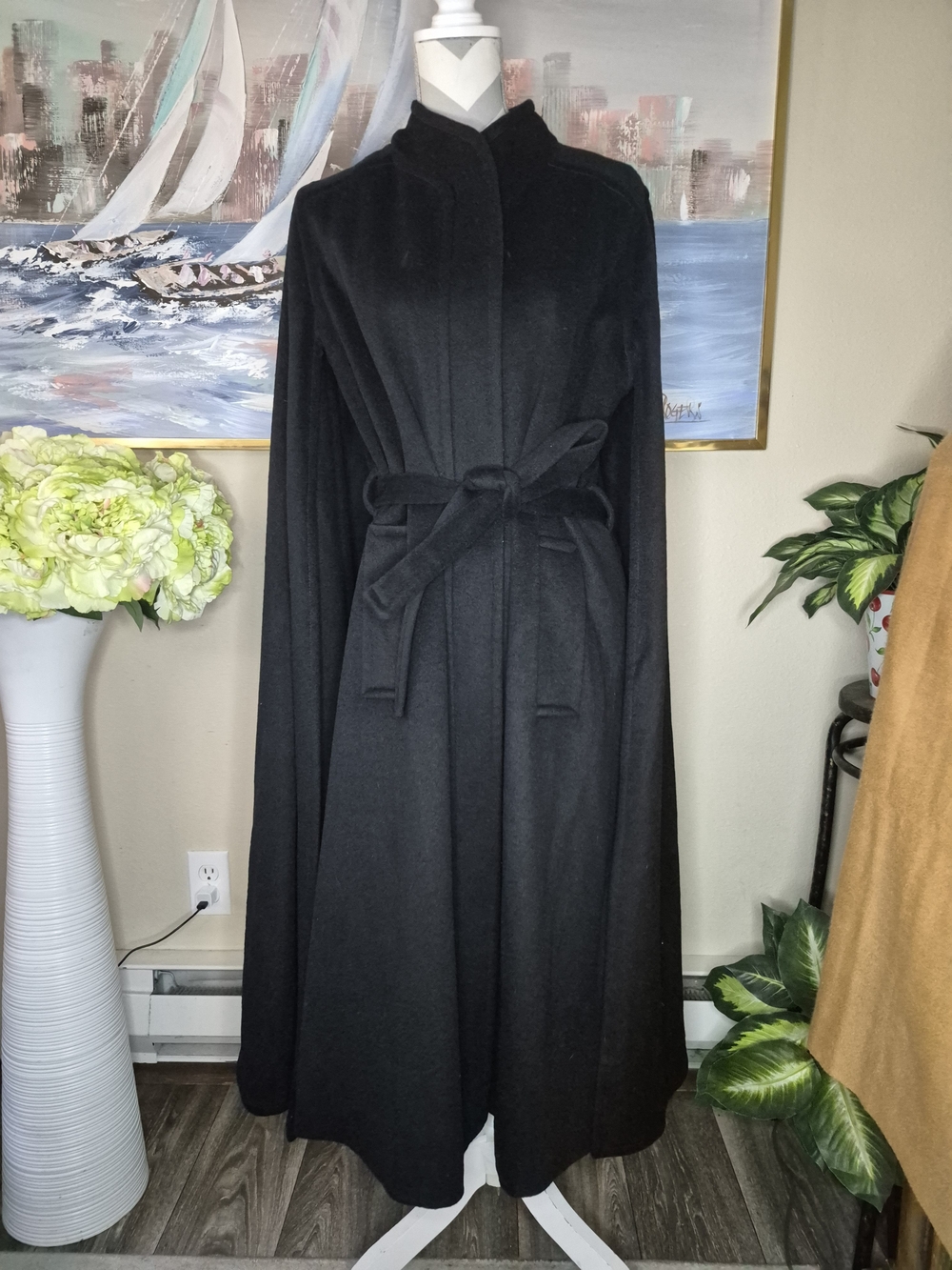 Vintage Gemini Women's Black Wrap Belted Cape Coat